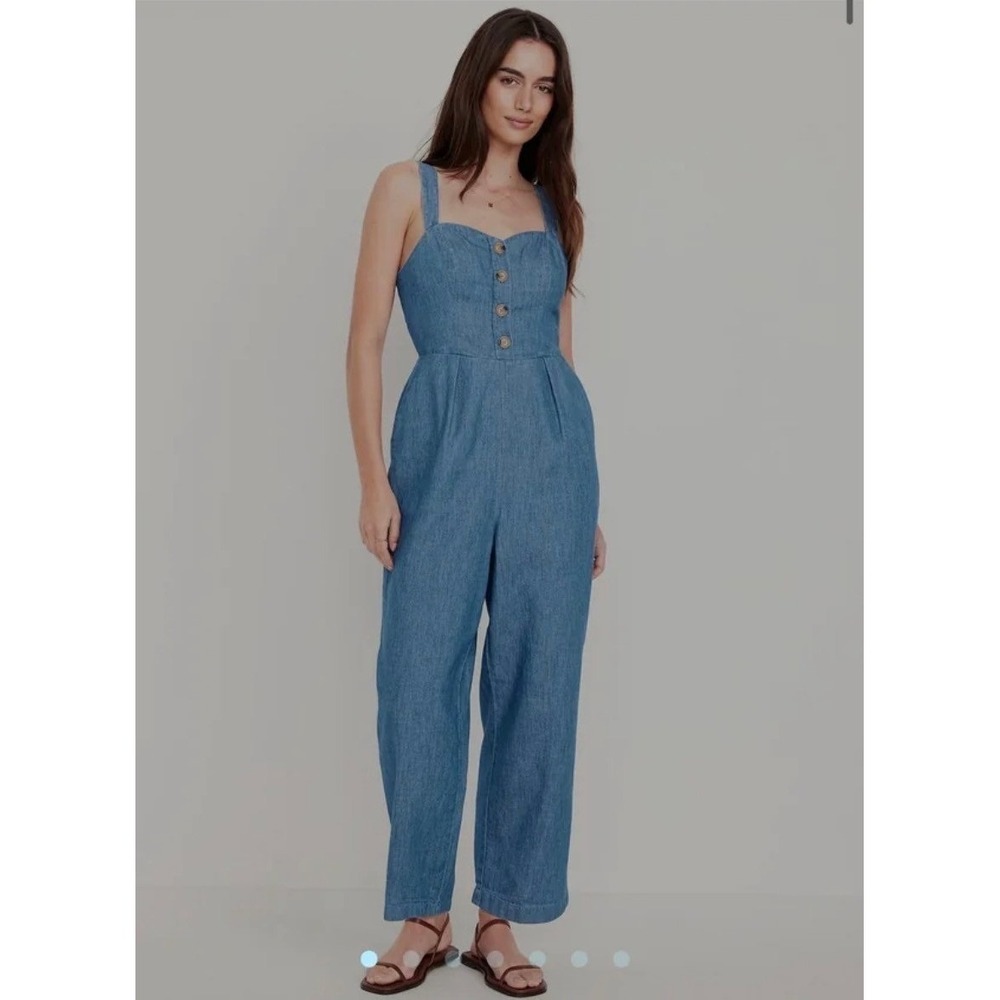 NWT Old Navy Button Front Linen Blend Cami Jumpsuit Womens M Tall Blue Chambray